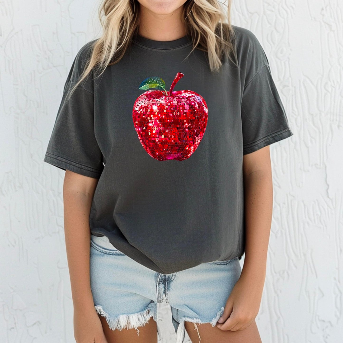 Red Disco Apple Shirt for Women & Teens Faux Glitter Apple Tee for Teachers and Students