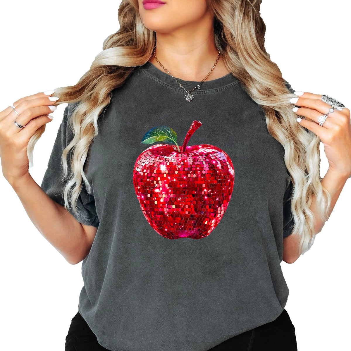Red Disco Apple Shirt for Women & Teens Faux Glitter Apple Tee for Teachers and Students