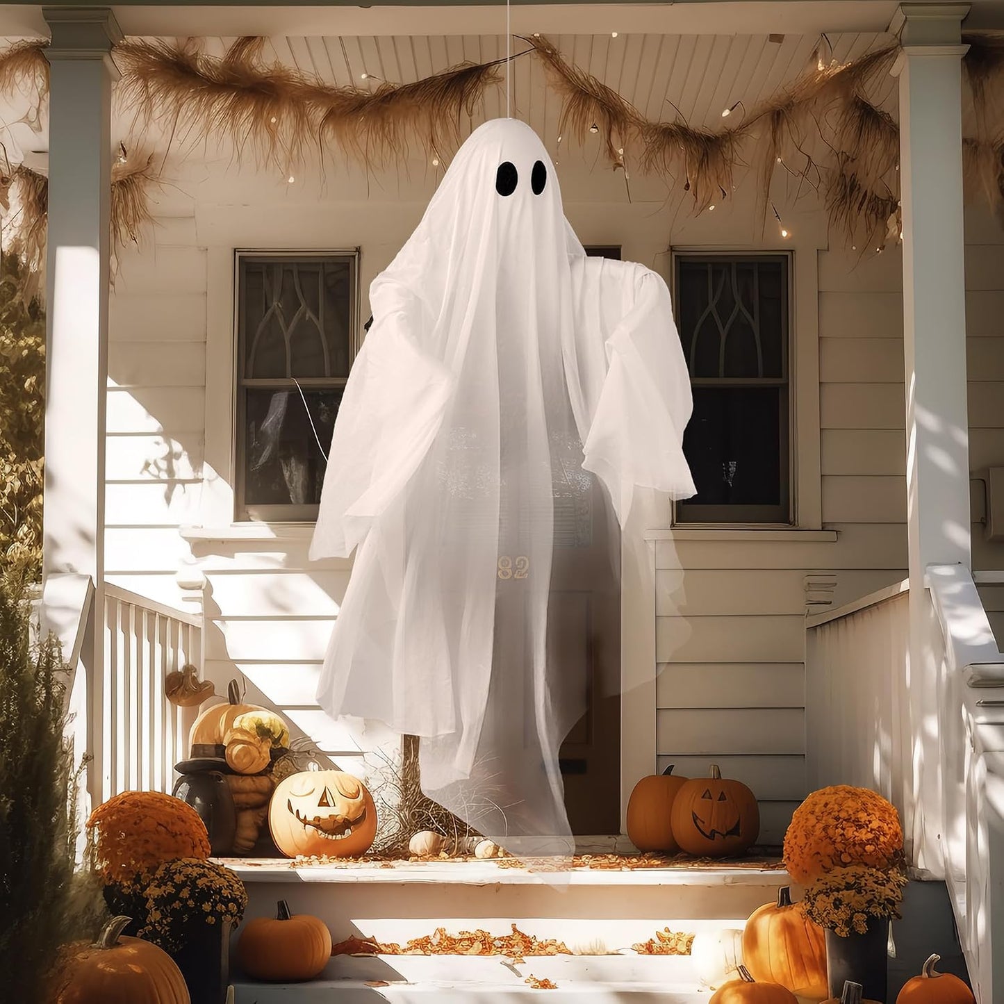 JOYIN Halloween Hanging Light up Ghost, 47" White Ghosts with Purple LED Light and Timer Halloween Hanging Decoration Waterproof for Front Yard Patio LawnGarden Party Decor Indoor Outdoor