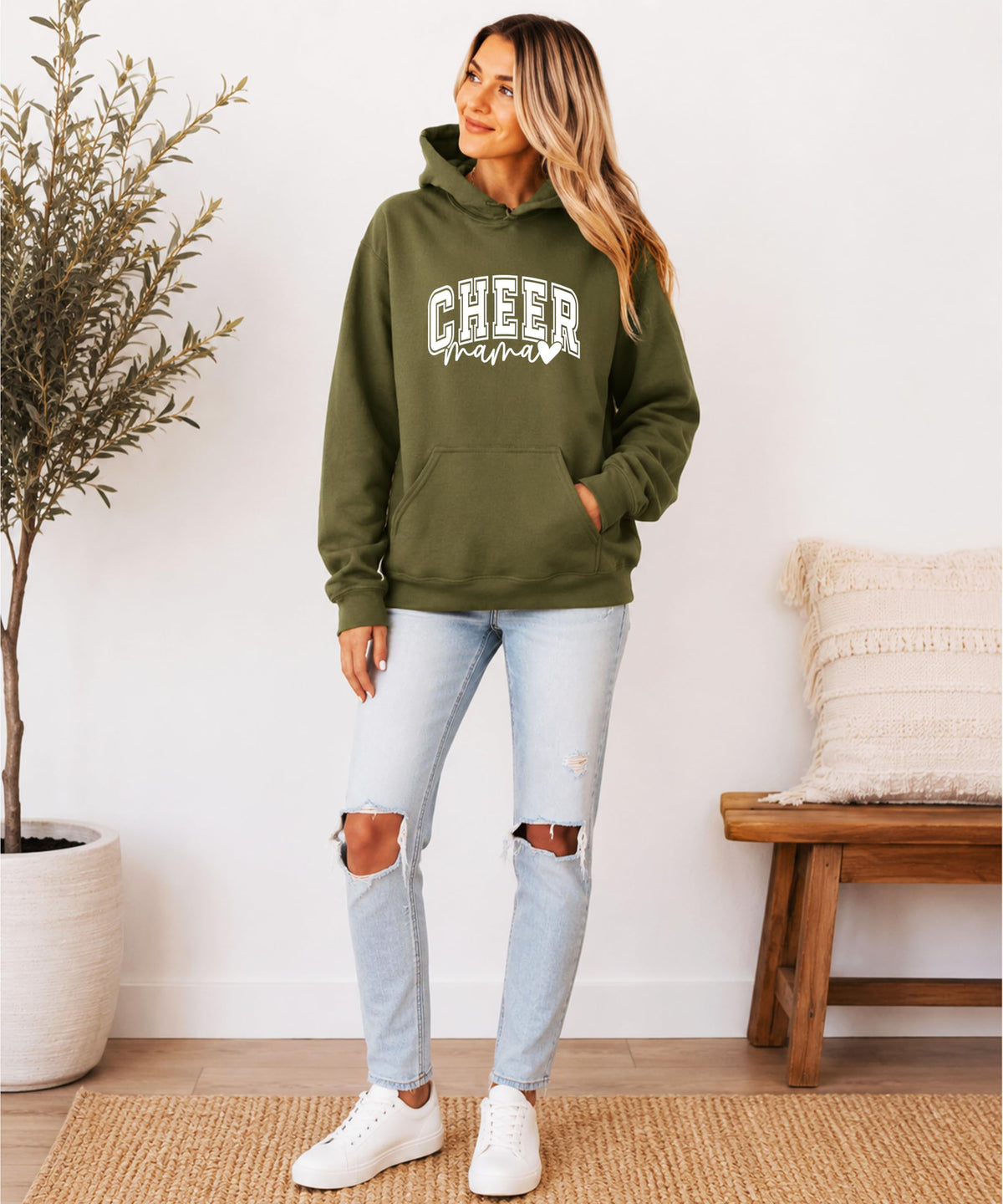 Olive Loves Apple Cheer Mama Hoodie for Women Cheerleading Mom Game Day Pullover Cheer Competition Sweatshirt