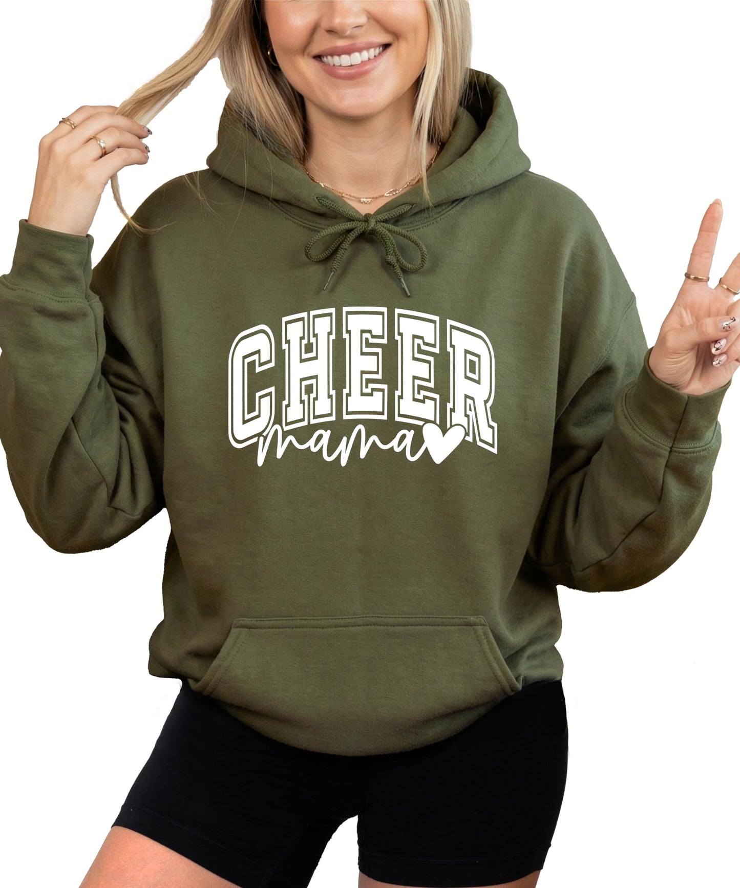 Olive Loves Apple Cheer Mama Hoodie for Women Cheerleading Mom Game Day Pullover Cheer Competition Sweatshirt