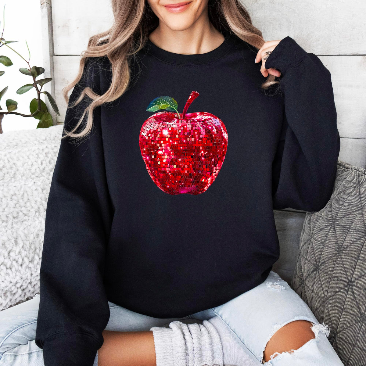 Red Disco Apple Sweatshirt for Women and Teens Faux Glitter Apple Pullover for Teachers and Students