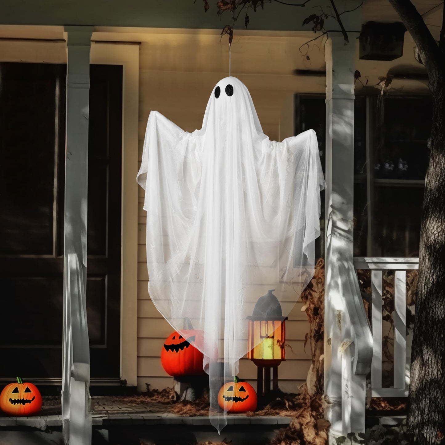 JOYIN Halloween Hanging Light up Ghost, 47" White Ghosts with Purple LED Light and Timer Halloween Hanging Decoration Waterproof for Front Yard Patio LawnGarden Party Decor Indoor Outdoor