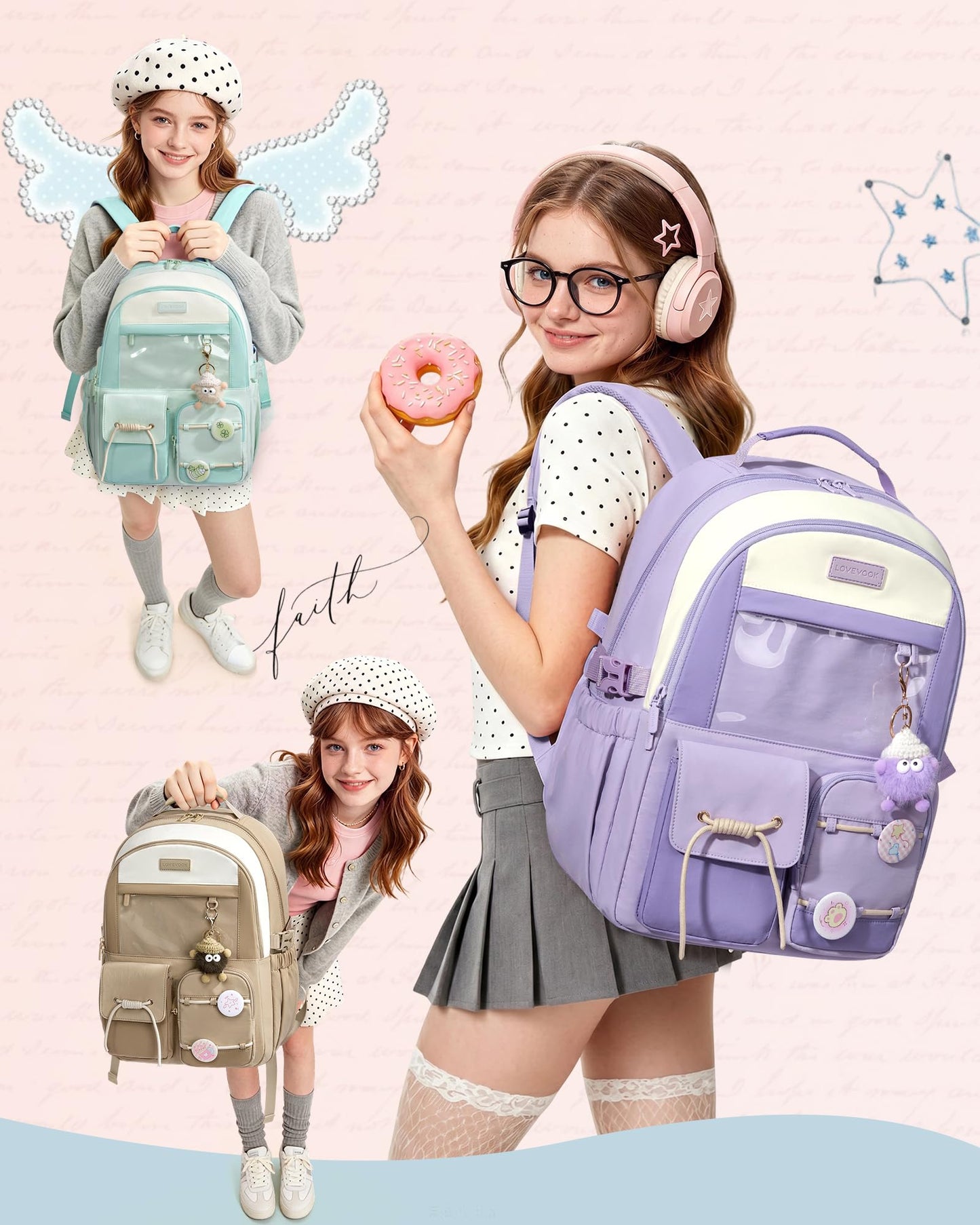 LOVEVOOK School Backpack for Girls Ages 8-16,Cute Student Bookbag for Kids