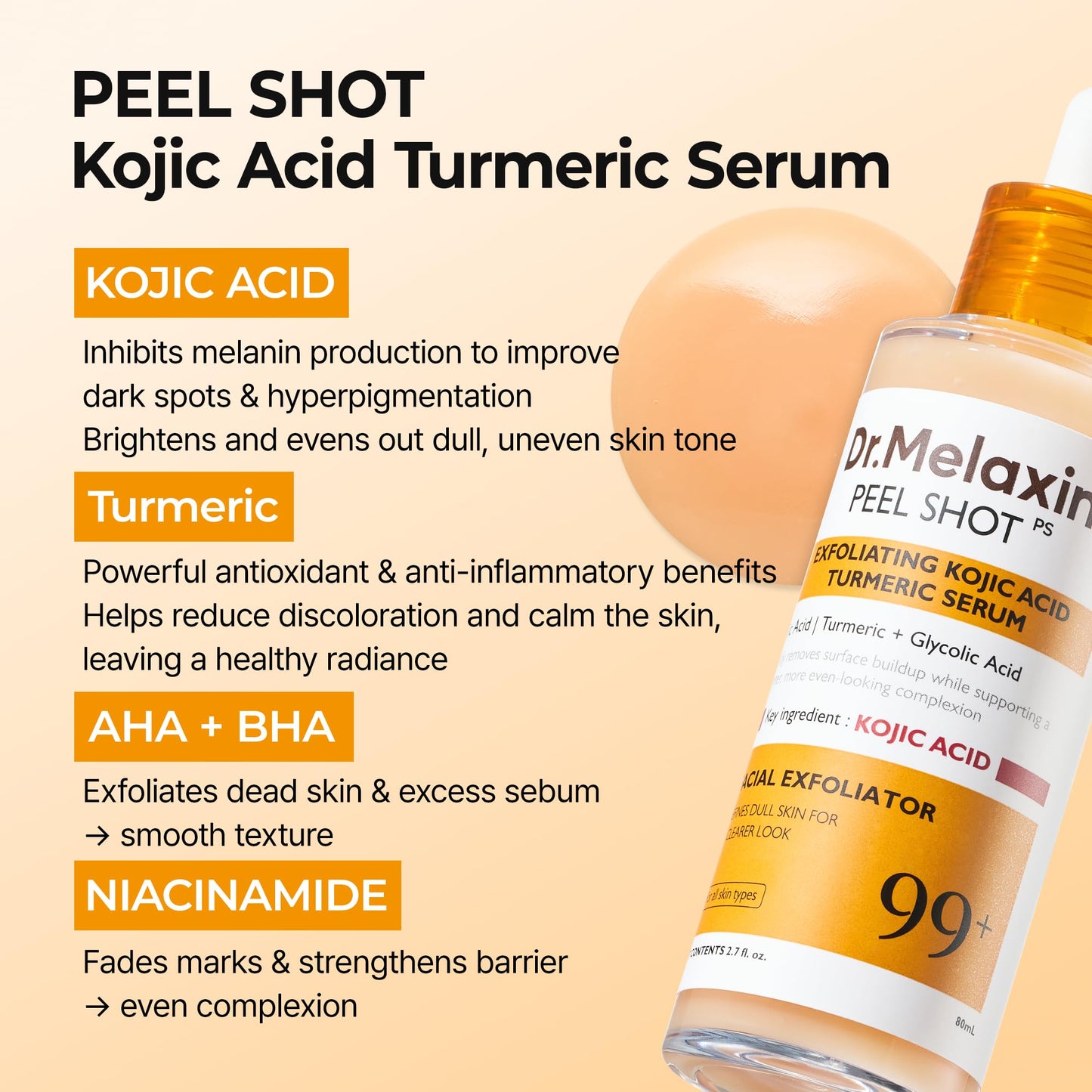 Dr.Melaxin Peel Shot Black Rice Exfoliating Ampoule, Face Exfoliator with AHA BHA Niacinamide Rice Bran Water, Blackhead Remover, Pore Minimizer, Brightening Glass Skin Serum, Korean Skin Care, 2.7 oz