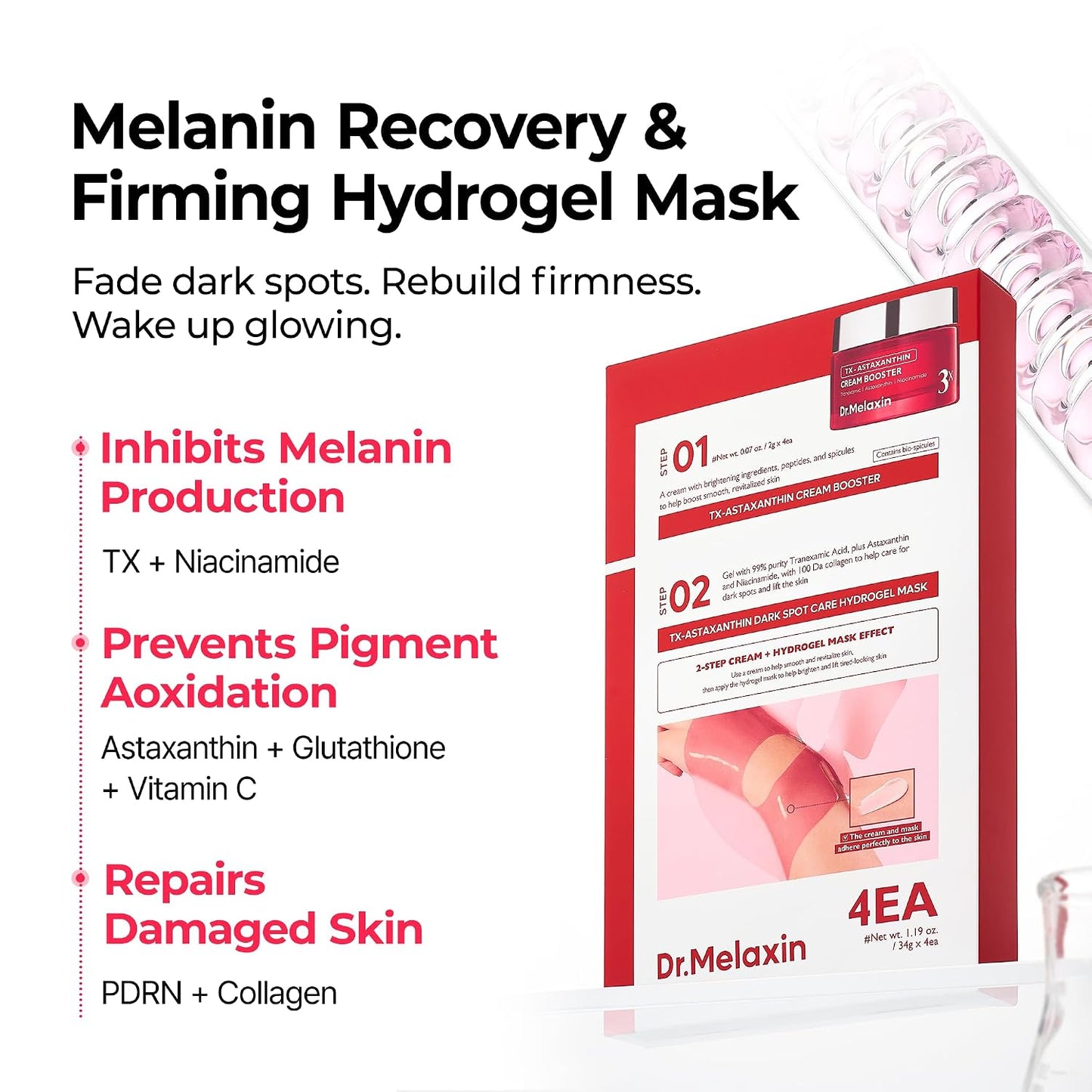 Dr.Melaxin TX Astaxanthin Melanin Recovery & Firming Hydrogel Mask (4 Sheets) – Dark Spot Correcting 2-Step Mask with Tranexamic Acid, Niacinamide, PDRN & Collagen for Elasticity