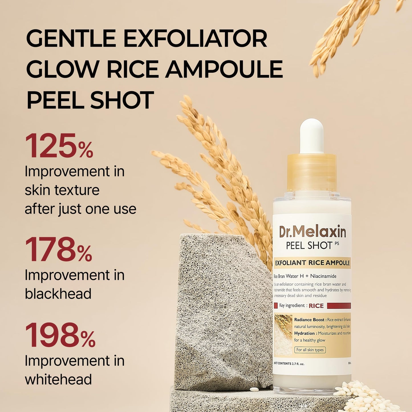 Dr.Melaxin Peel Shot Black Rice Exfoliating Ampoule, Face Exfoliator with AHA BHA Niacinamide Rice Bran Water, Blackhead Remover, Pore Minimizer, Brightening Glass Skin Serum, Korean Skin Care, 2.7 oz