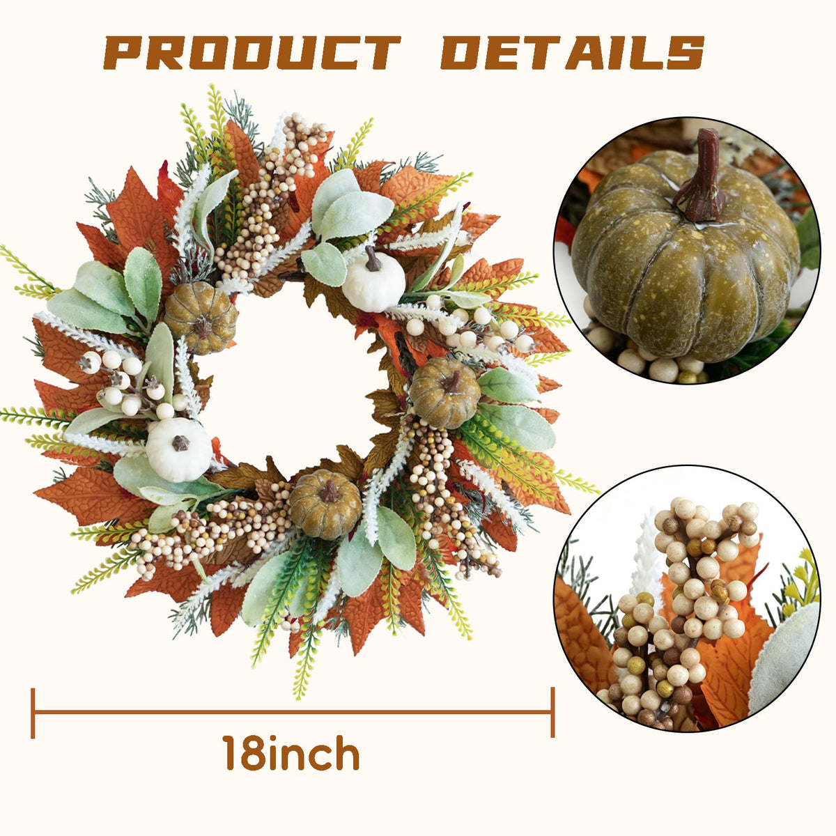 20" Harvest Fall Wreath for Front Door,Pumpkins Berries Autumn Wreaths