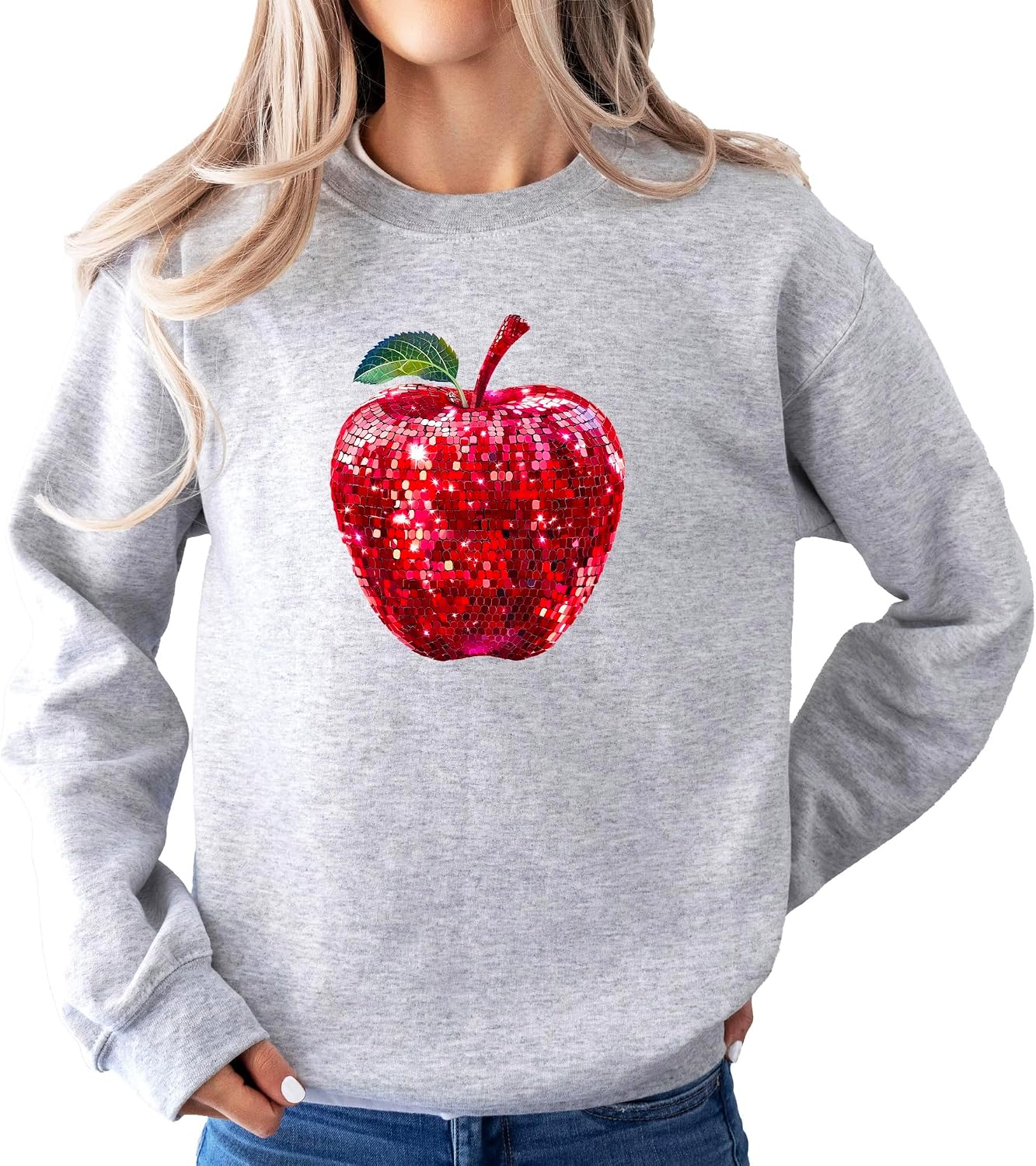 Red Disco Apple Sweatshirt for Women and Teens Faux Glitter Apple Pullover for Teachers and Students