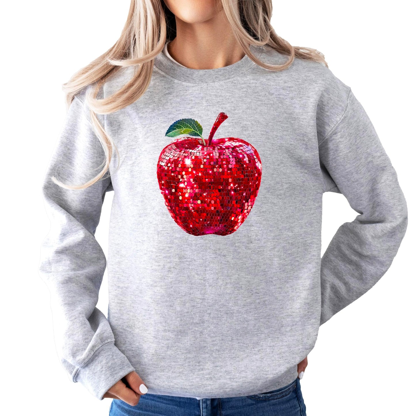 Red Disco Apple Sweatshirt for Women and Teens Faux Glitter Apple Pullover for Teachers and Students