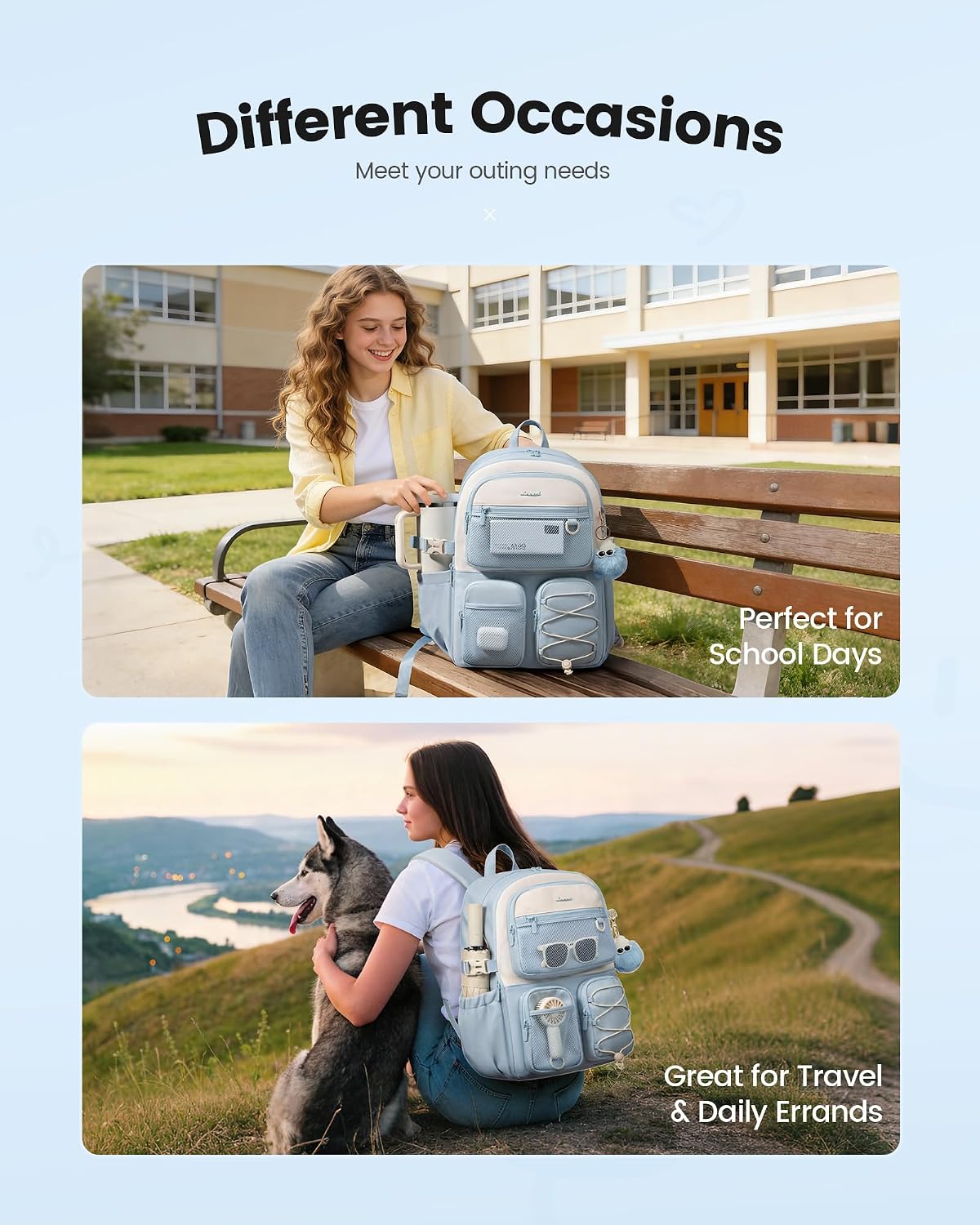 LOVEVOOK School Backpack for Teen Girls, Student Cute Bookbag Purse for Middle High School, 15.6 Inch Laptop Kid Backpack Back to School with Large Cup Holder, College Travel Bag, Beige Blue