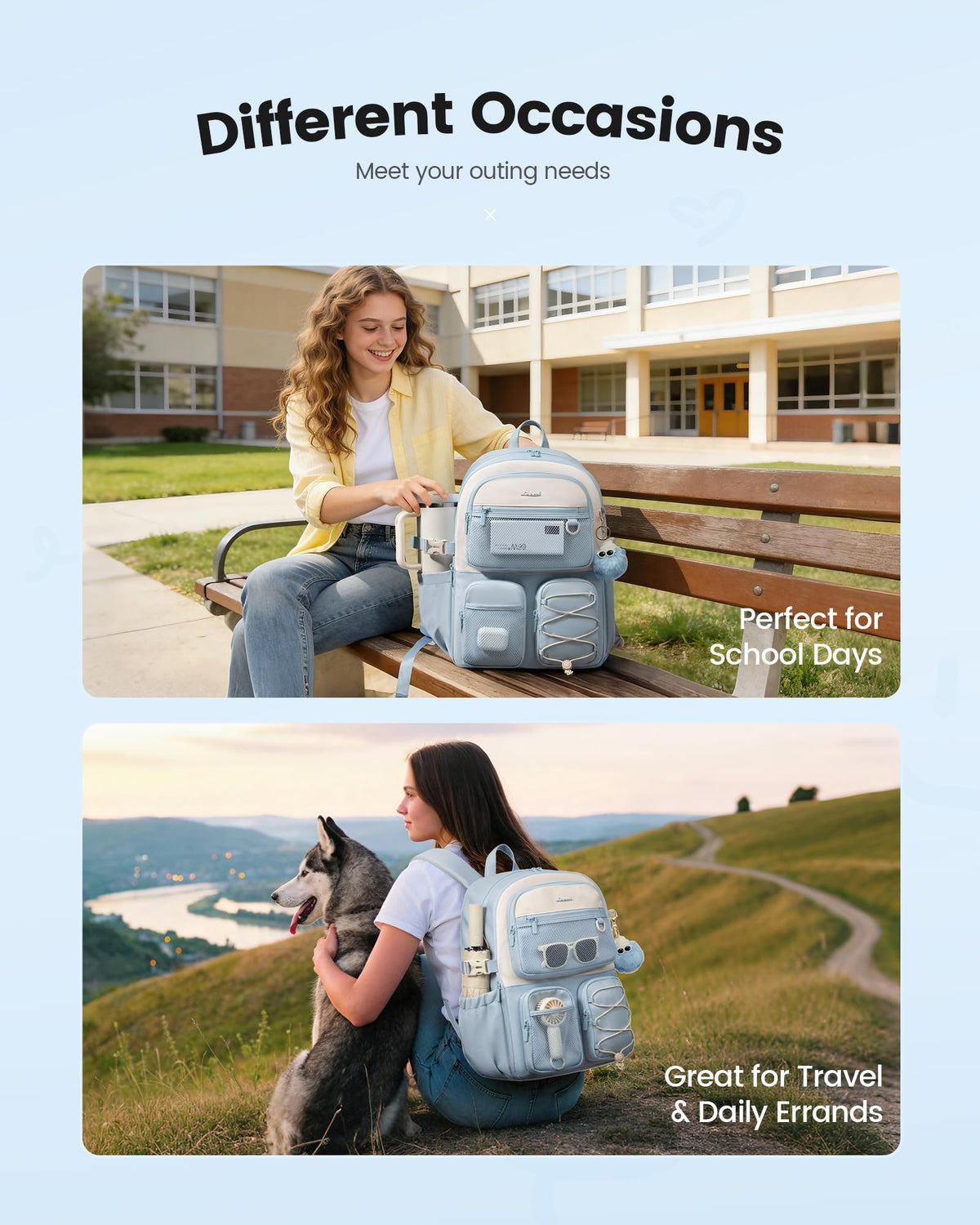 LOVEVOOK School Backpack for Teen Girls, Student Cute Bookbag Purse for Middle High School, 15.6 Inch Laptop Kid Backpack Back to School with Large Cup Holder, College Travel Bag, Beige Blue