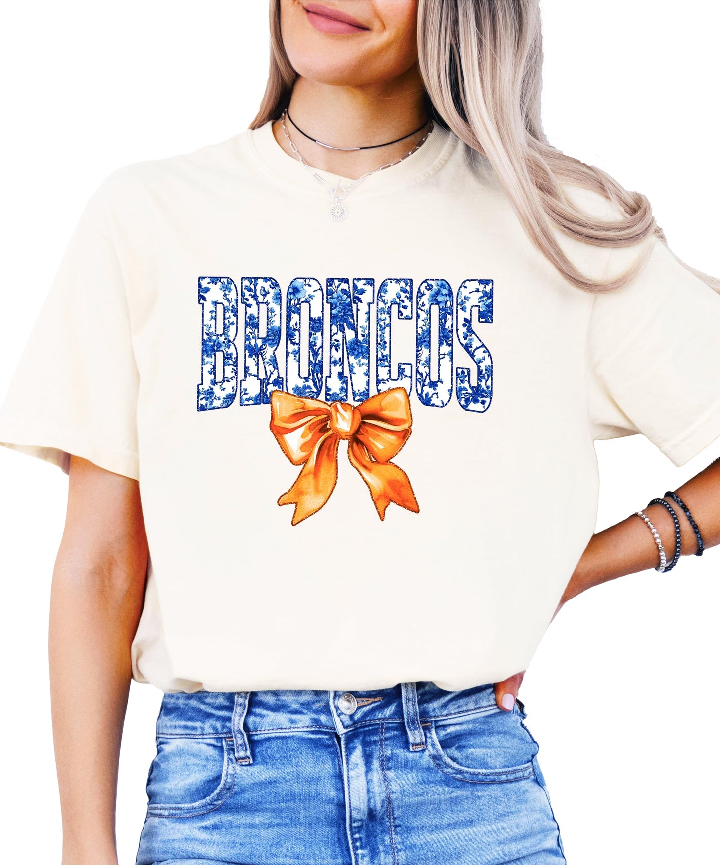 Broncos Orange Floral Bow Shirt for Women & Teens Trendy Team Spirit Sports Fan Graphic Tee