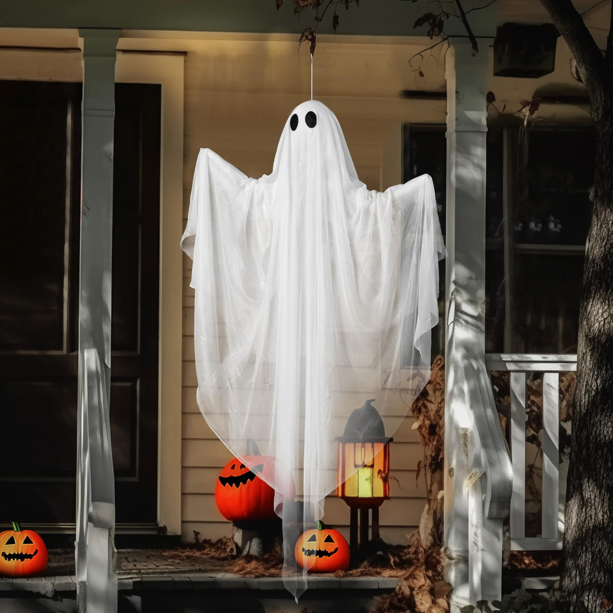 JOYIN Halloween Hanging Light up Ghost, 47" White Ghosts with Purple LED Light and Timer Halloween Hanging Decoration Waterproof for Front Yard Patio LawnGarden Party Decor Indoor Outdoor