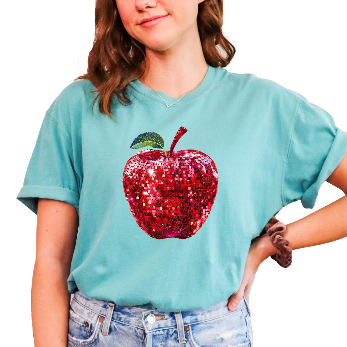 Red Disco Apple Shirt for Women & Teens Faux Glitter Apple Tee for Teachers and Students