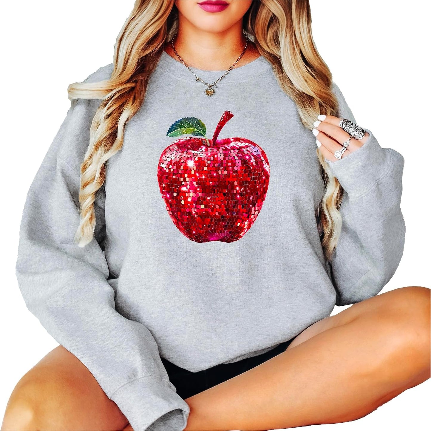 Red Disco Apple Sweatshirt for Women and Teens Faux Glitter Apple Pullover for Teachers and Students