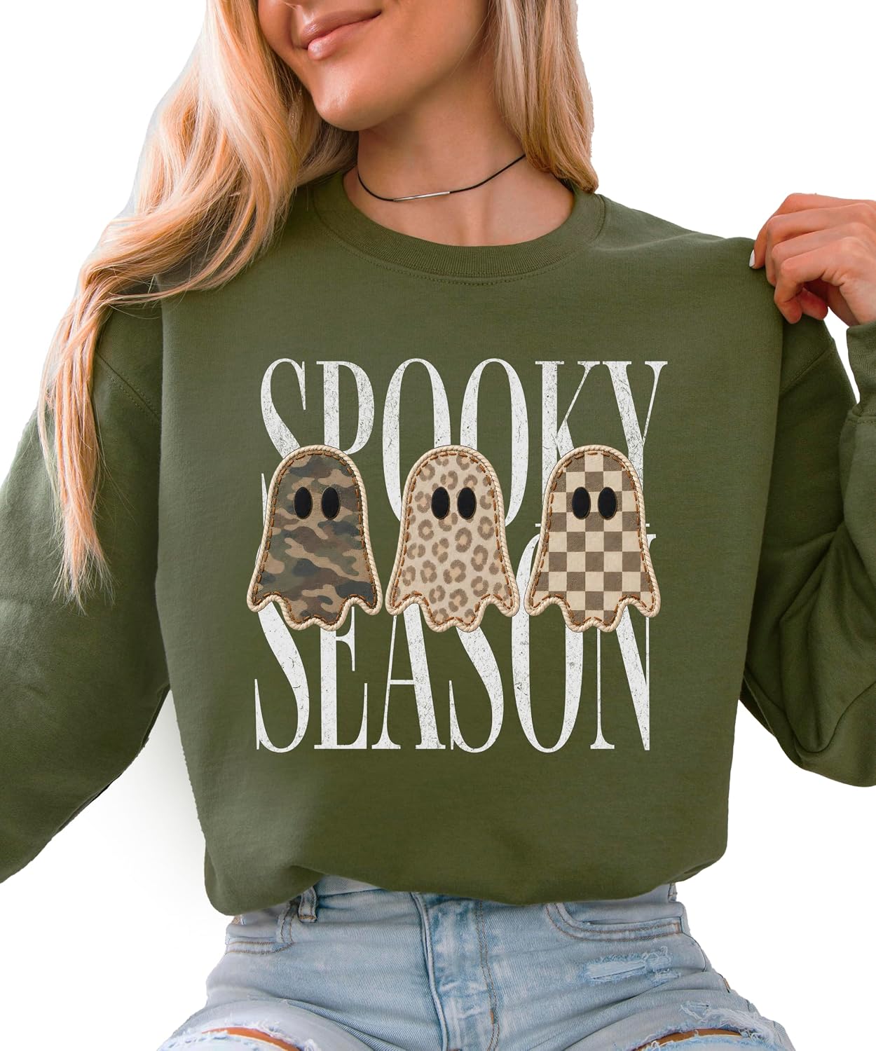 Olive Loves Apple Spooky Season Sweatshirt for Women & Teen Girls Halloween Camo Leopard Ghost Crewneck