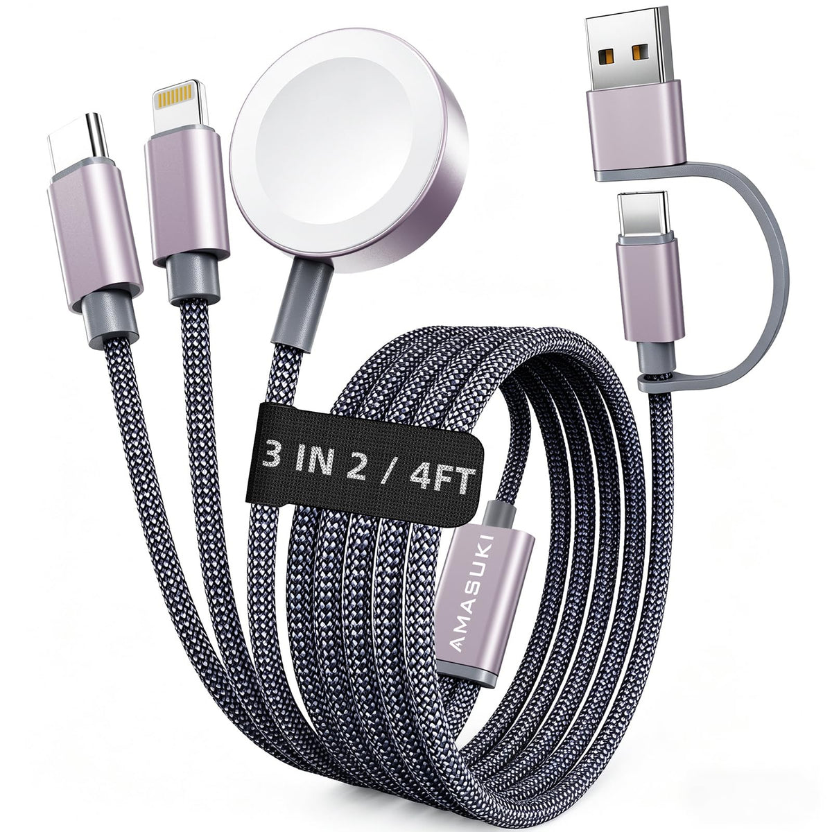Travel Essentials,3 in 2 USB C Cable for Apple Watch Charger,iPhone Charger,Multi Charging Cable,Cruise Vacation Camping Essentials,Portable for iWatch Series 11-2/Ultra/SE & iPhone 17-12,Car,Pink