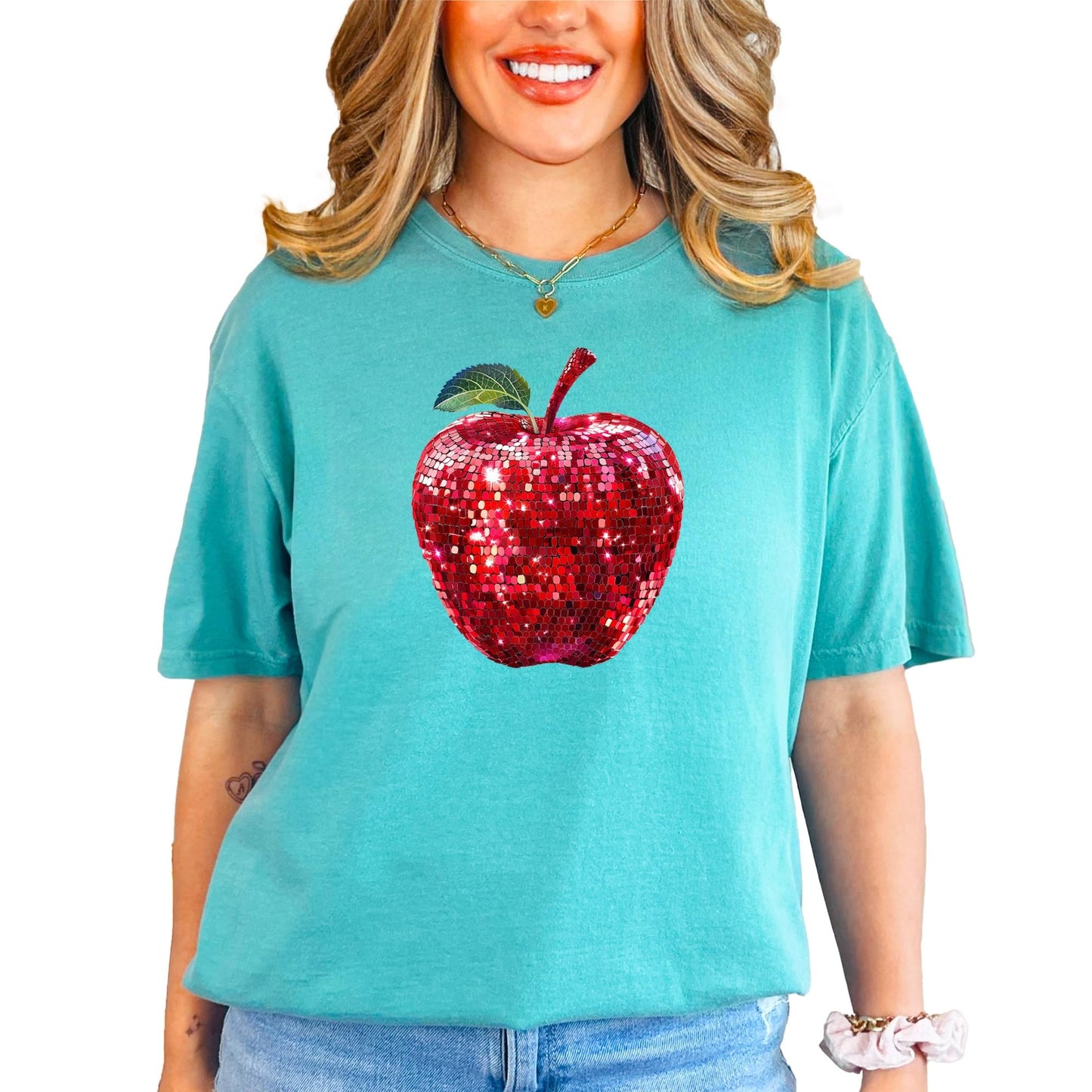 Red Disco Apple Shirt for Women & Teens Faux Glitter Apple Tee for Teachers and Students