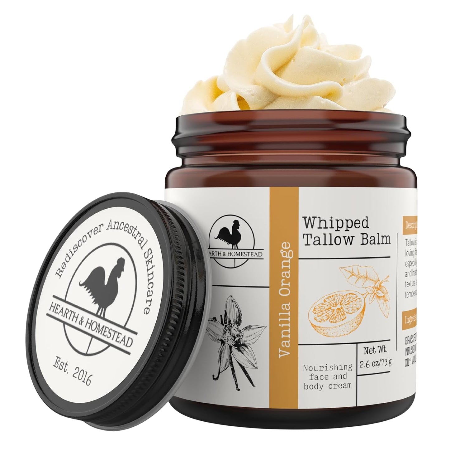 Hearth & Homestead Whipped Beef Tallow for Skin, Vanilla Orange, 2.6oz