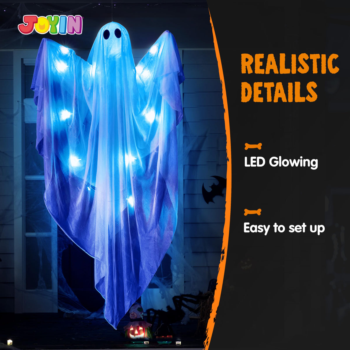 JOYIN Halloween Hanging Light up Ghost, 47" White Ghosts with Purple LED Light and Timer Halloween Hanging Decoration Waterproof for Front Yard Patio LawnGarden Party Decor Indoor Outdoor