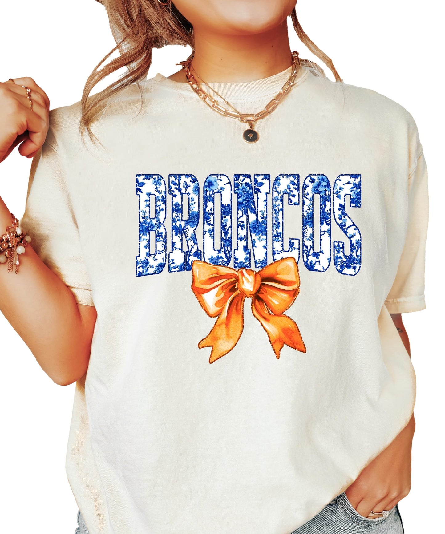 Broncos Orange Floral Bow Shirt for Women & Teens Trendy Team Spirit Sports Fan Graphic Tee