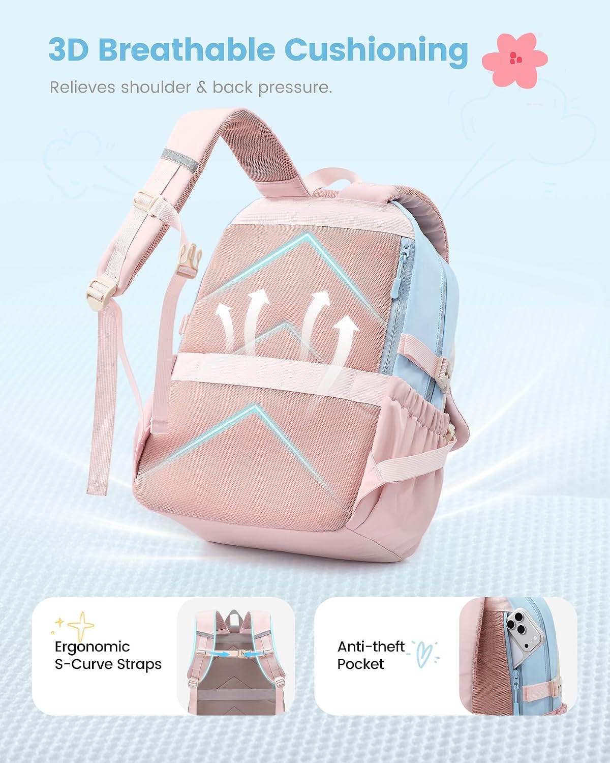 LOVEVOOK School Backpack for Teen Girls, Cute Student Bookbag Fits 15.6 Inch Laptop, Back to School Backpacks for 8-18 Teenager Kid, Large College Travel Back Pack with Water Bottle Holder Pink