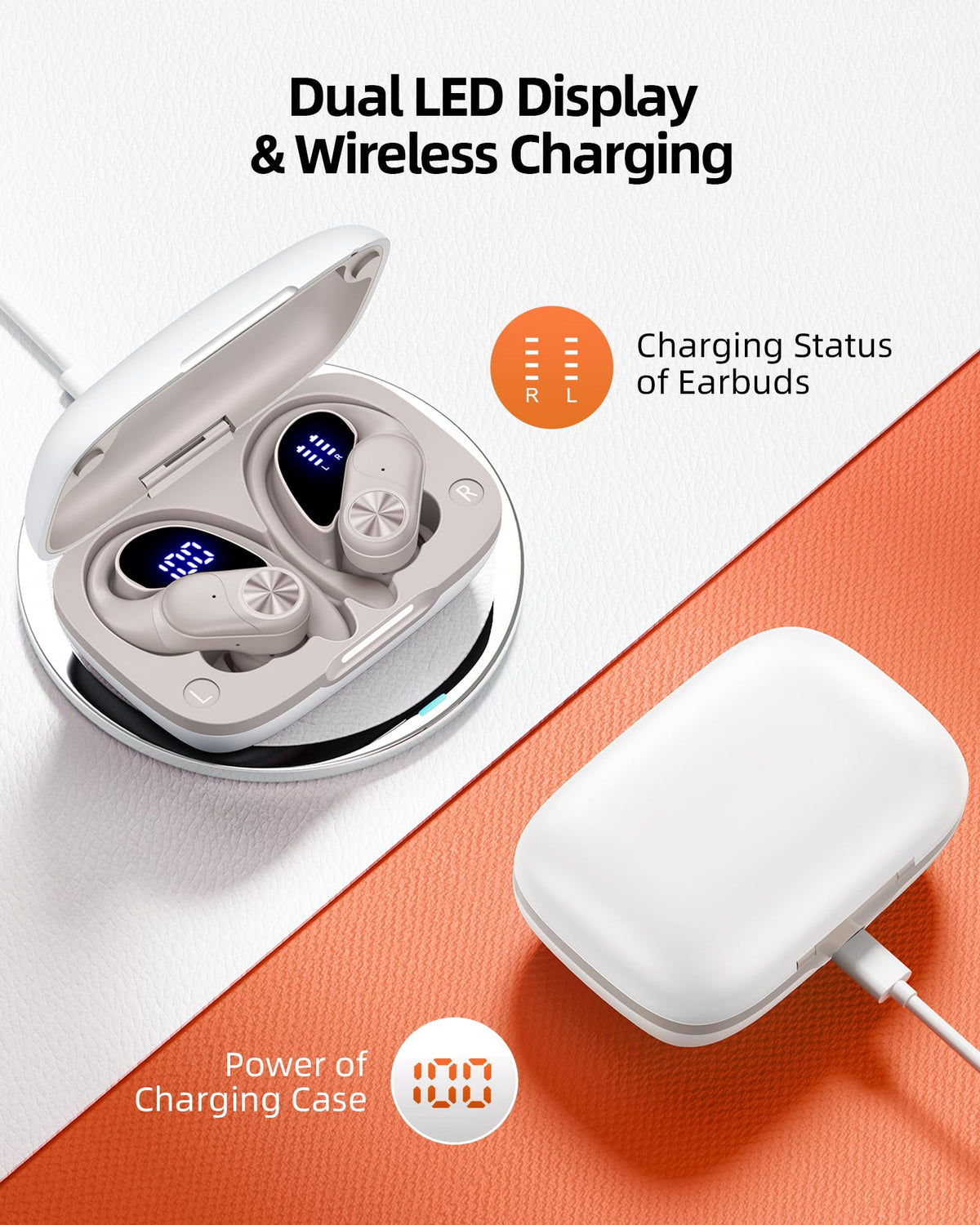 PocBuds Bluetooth Headphones Wireless Earbuds 80hrs Playtime Wireless Charging Case Digital Display Sports Ear Buds with Earhook Deep Bass IPX7 Waterproof Over-Ear Earphones for TV Phone Laptop Olive
