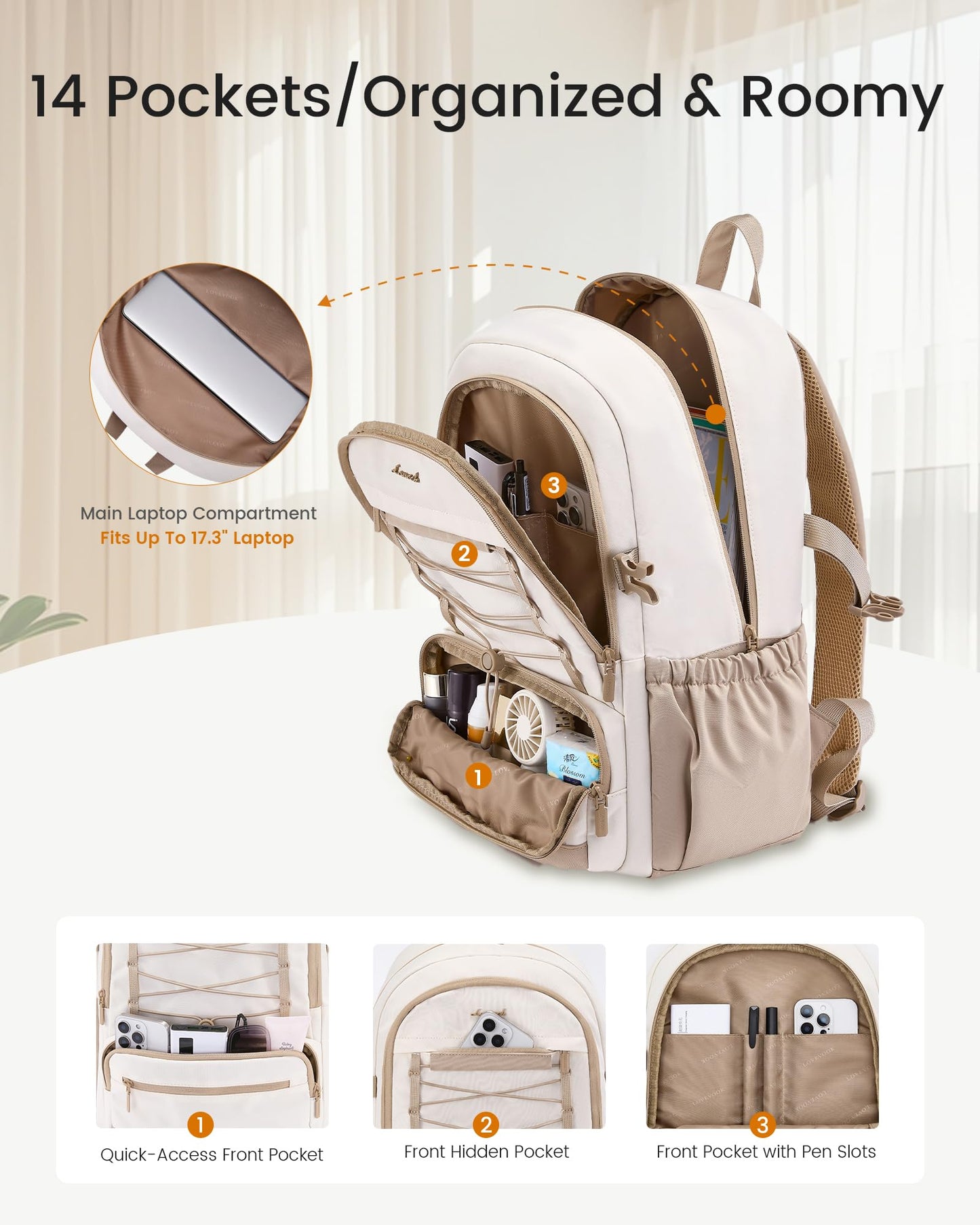 LOVEVOOK School Backpack for Teen Girls, Large Capacity College Bookbag with Water Bottle Holder, Cute Laptop Backpack Purse for Women, Lightweight Casual Travel Backpack, Gift for Her, Beige-Khaki