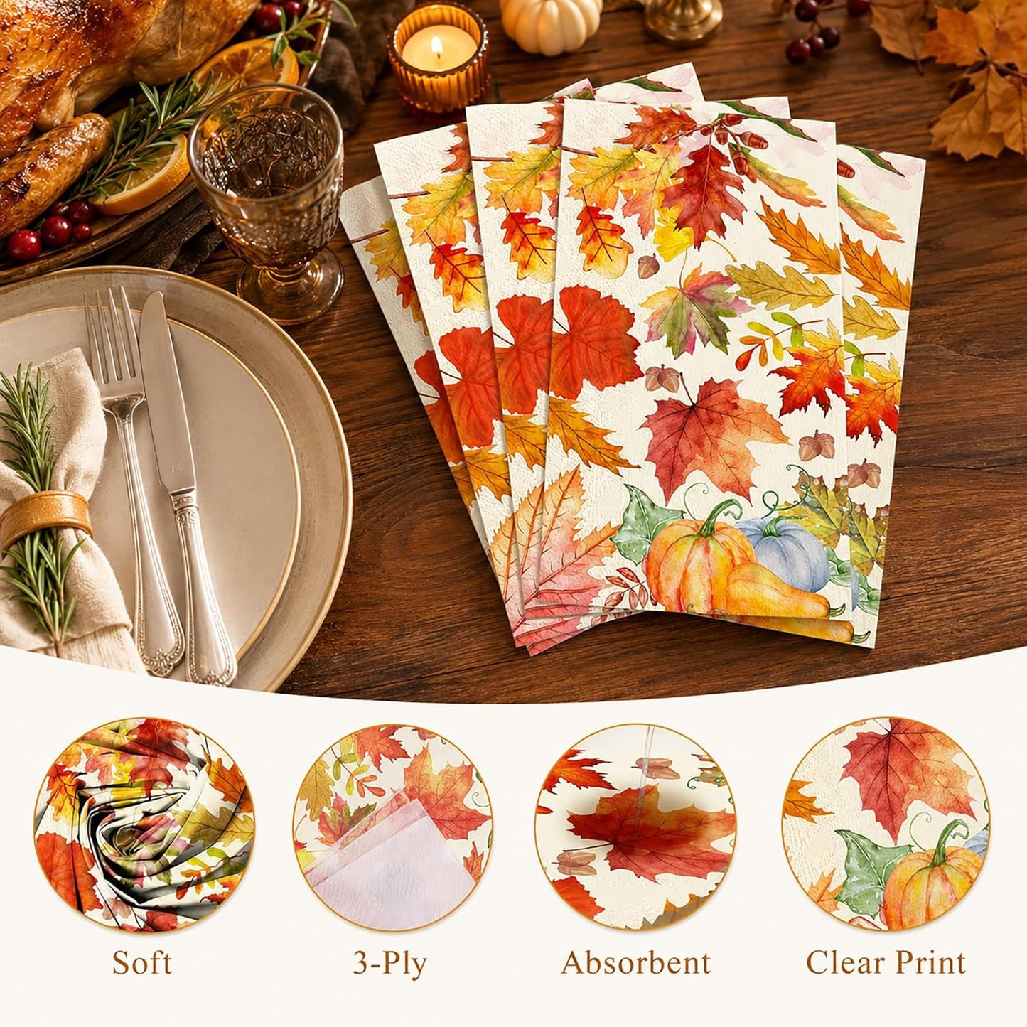 Fall Thanksgiving Paper Napkins, Dinner Napkins, Hand Towels, 100 Pack