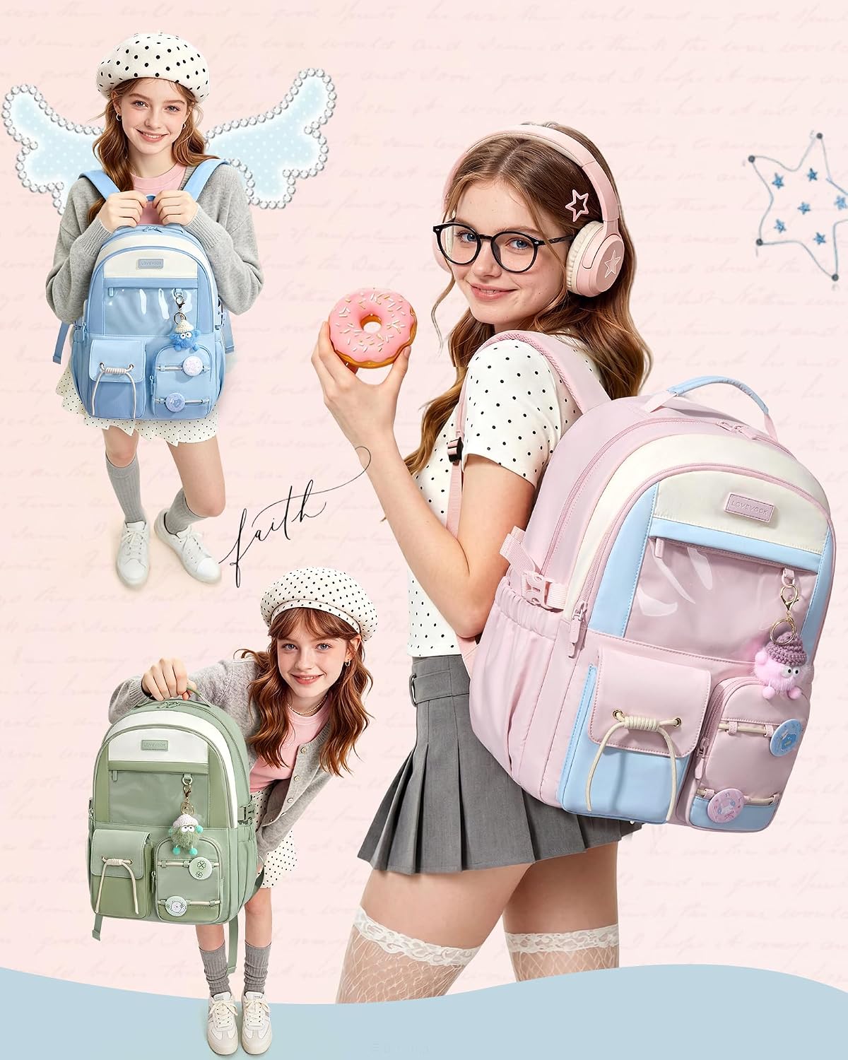 LOVEVOOK School Backpack for Girls Ages 8-16,Cute Student Bookbag for Kids