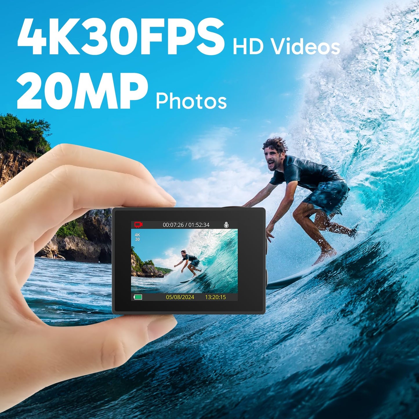 AKASO EK7000 4K30FPS 20MP WiFi Action Camera with EIS Ultra HD 131FT Waterproof Underwater Camera Remote Control 4X Zoom Support External Microphone Blue