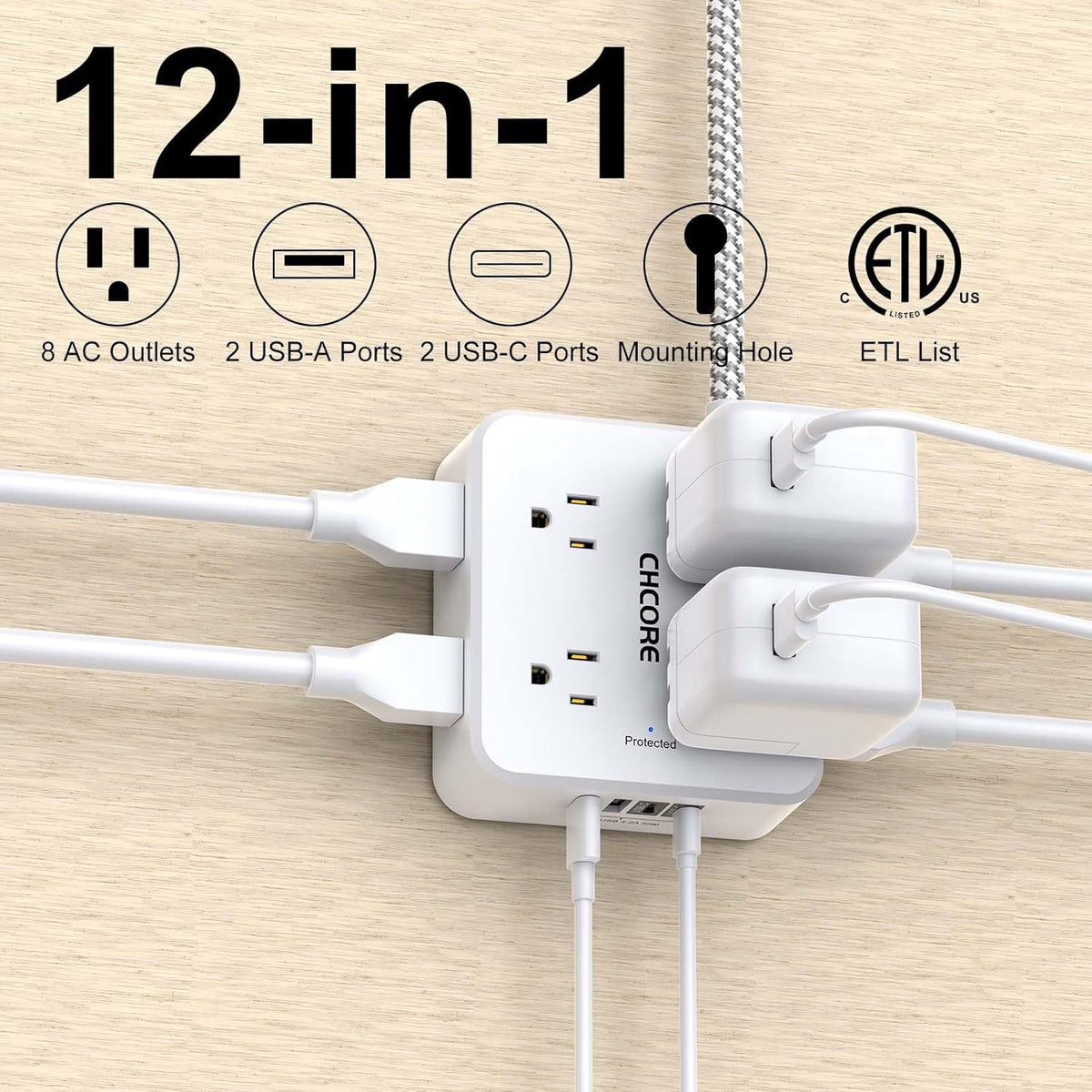Surge Protector Power Strip - CHCORE 6Ft Braided Extension Cord with 8 Outlets with 4 USB (2 USB C) Charging Ports, Flat Plug Multi Plug Outlet Extender Charging Station for Home Office, ETL, White