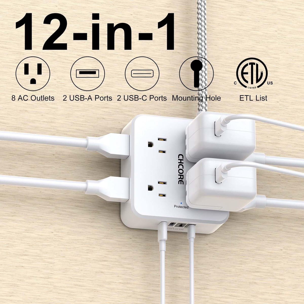 Surge Protector Power Strip - CHCORE 6Ft Braided Extension Cord with 8 Outlets with 4 USB (2 USB C) Charging Ports, Flat Plug Multi Plug Outlet Extender Charging Station for Home Office, ETL, White