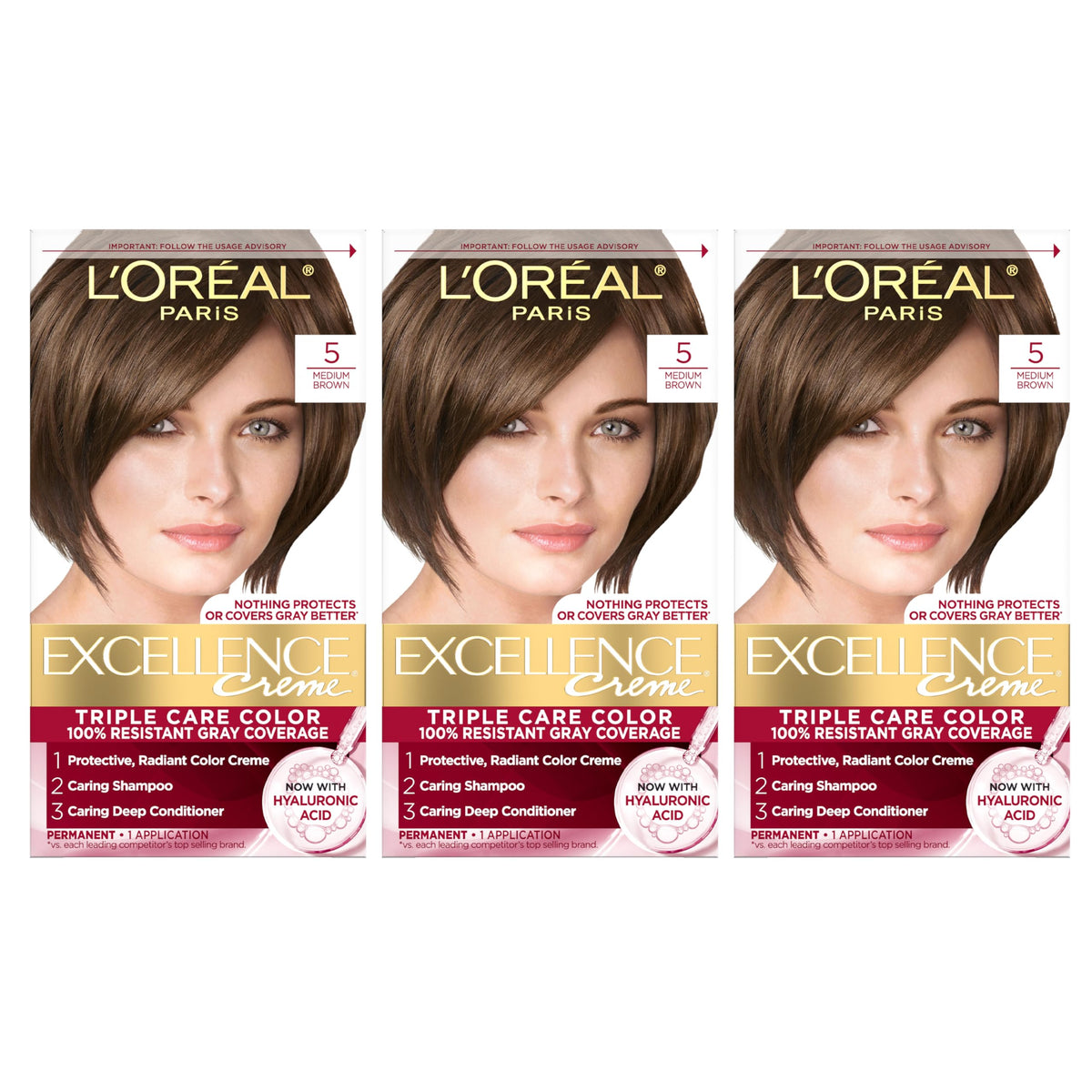 L'Oreal Paris Excellence Crème Permanent Hair Dye, Triple Care Hair Color with Hyaluronic Acid for 100% Gray Coverage, 4 Dark Brown, 1 Kit (Packaging May Vary)