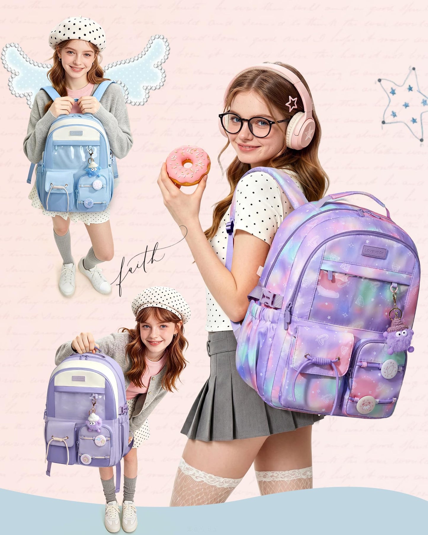 LOVEVOOK School Backpack for Girls Ages 8-16,Cute Student Bookbag for Kids