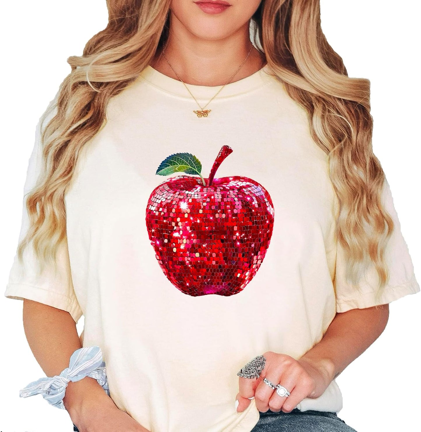 Red Disco Apple Shirt for Women & Teens Faux Glitter Apple Tee for Teachers and Students