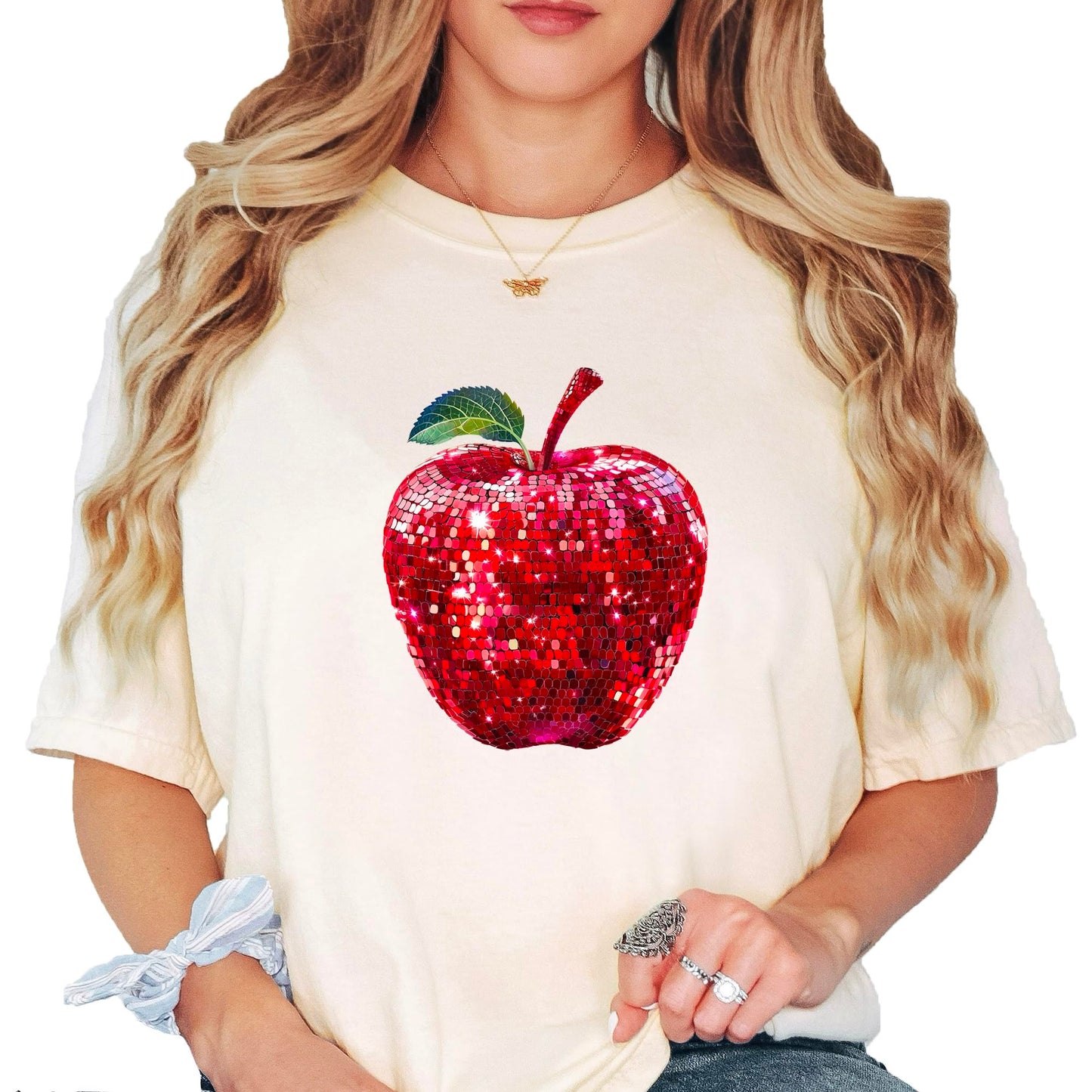 Red Disco Apple Shirt for Women & Teens Faux Glitter Apple Tee for Teachers and Students