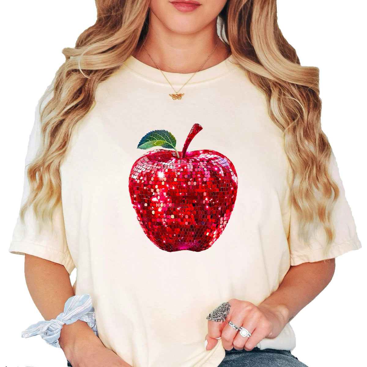 Red Disco Apple Shirt for Women & Teens Faux Glitter Apple Tee for Teachers and Students