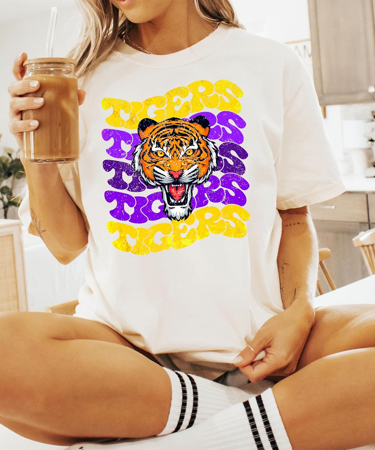 Trendy Tigers Wavy Shirt for Women and Teens Purple & Yellow Sports Tee
