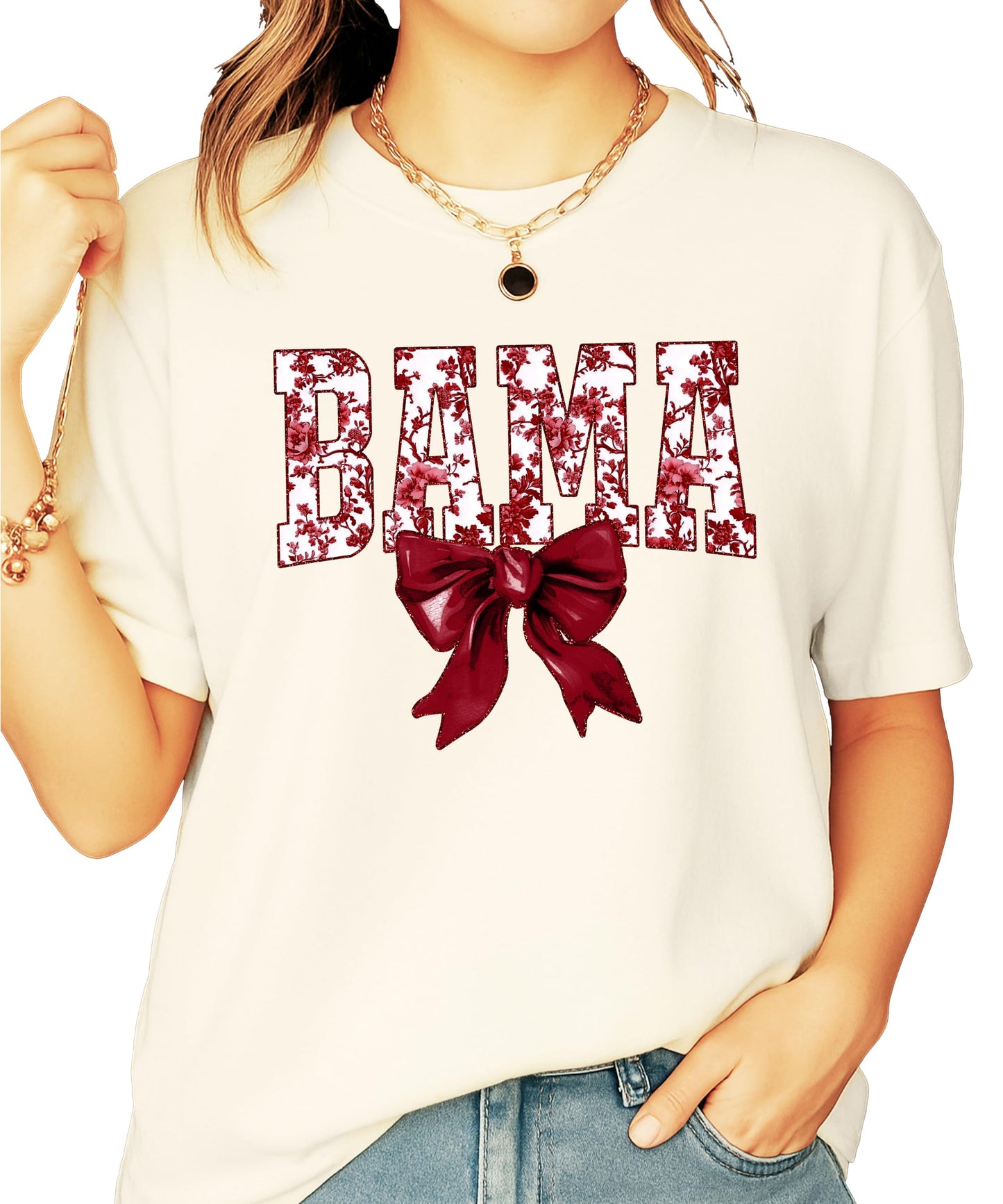 Bama Red Floral Bow Shirt for Women & Teens Trendy Alabama School Sports Fan Tee