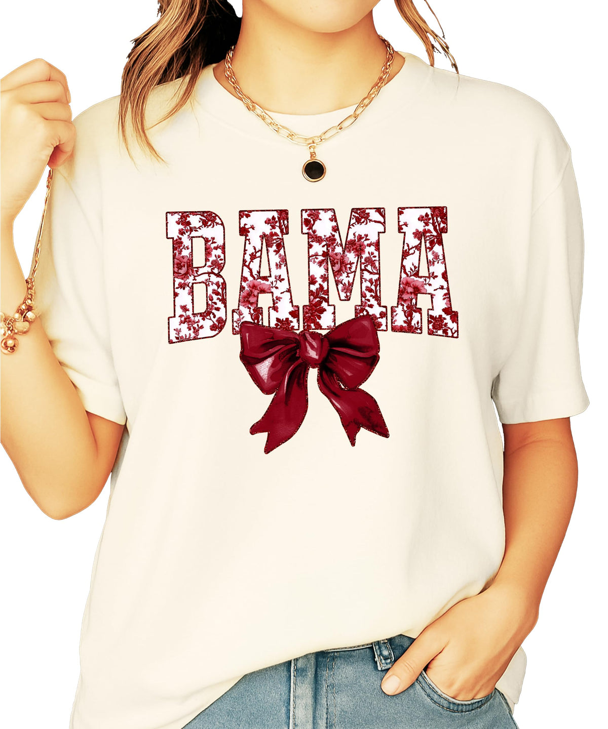Bama Red Floral Bow Shirt for Women & Teens Trendy Alabama School Sports Fan Tee