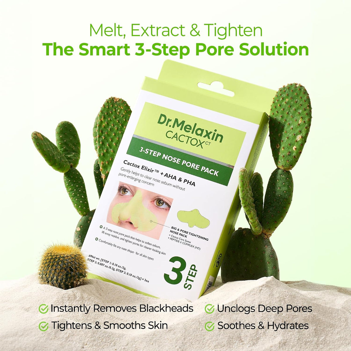 Dr.Melaxin CACTOX 3-STEP NOSE MASK PACK with AHA & PHA for Sebum Softening Pore Tightening Skin Repair 3-Step Nose Pore Pack