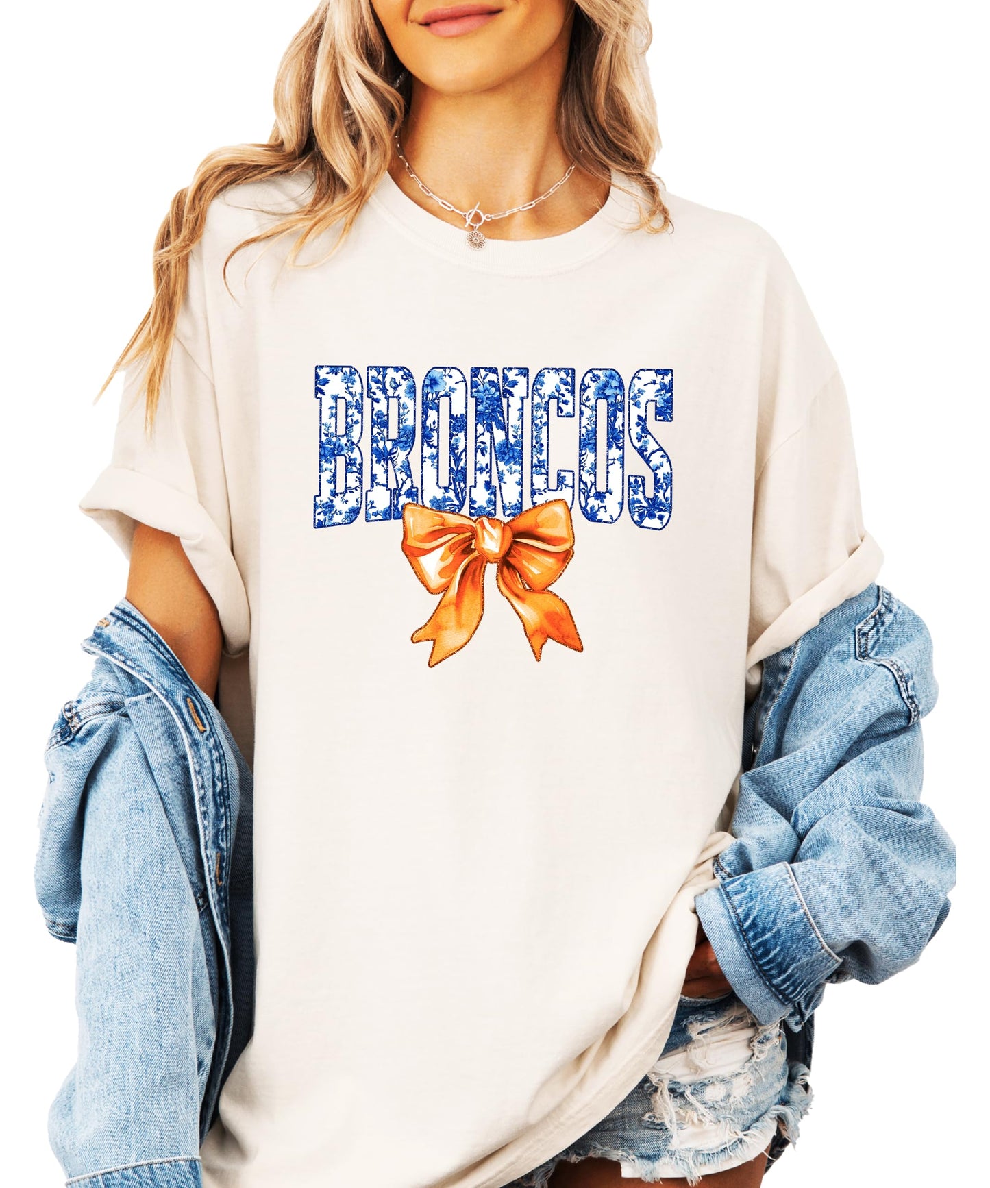 Broncos Orange Floral Bow Shirt for Women & Teens Trendy Team Spirit Sports Fan Graphic Tee