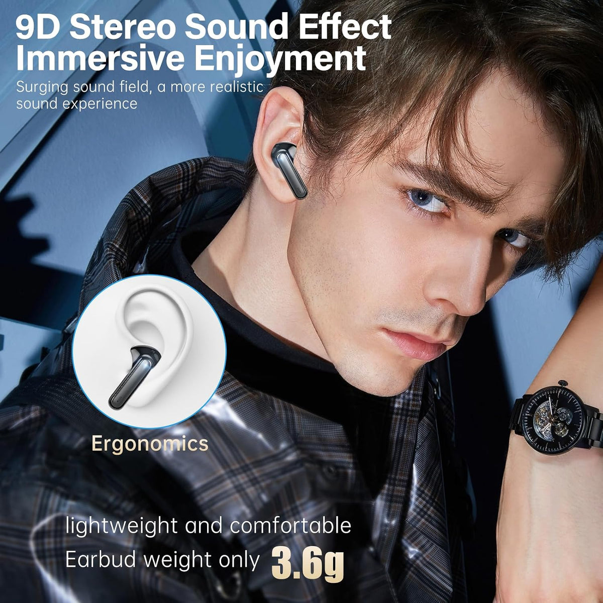 Wireless Earbuds, Bluetooth 5.3 Headphones HiFi Stereo 50H Playback LED Digital Display Ear Buds with ENC Noise Canceling Headset, IPX7 Waterproof Earphones for Gym/Running/Work(Black)