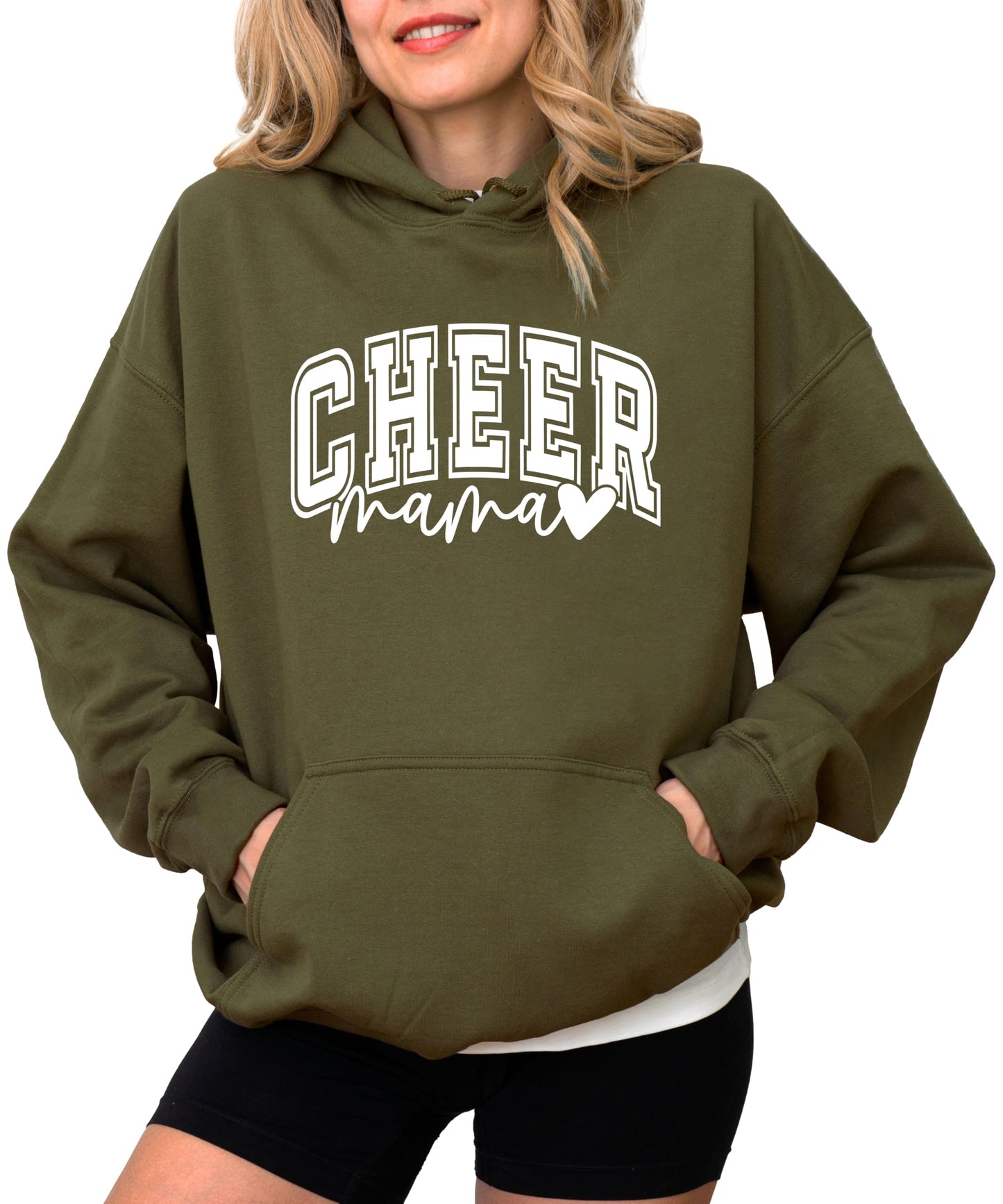 Olive Loves Apple Cheer Mama Hoodie for Women Cheerleading Mom Game Day Pullover Cheer Competition Sweatshirt