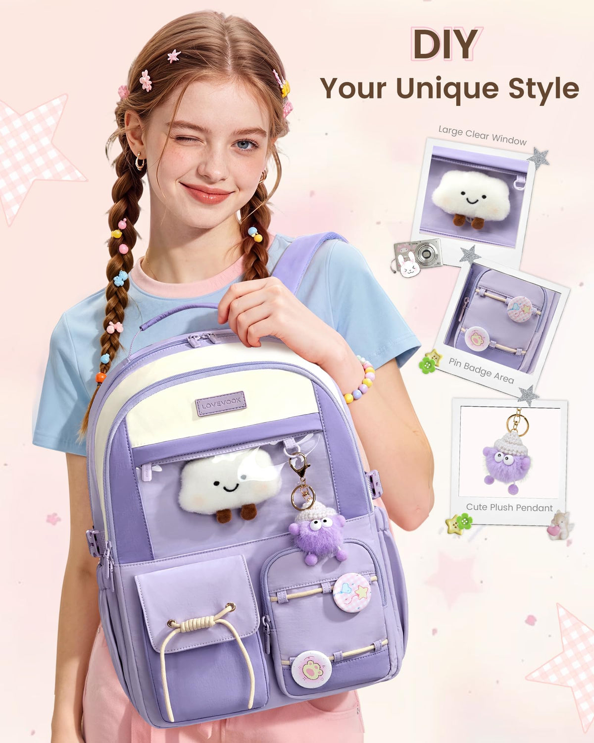 LOVEVOOK School Backpack for Girls Ages 8-16,Cute Student Bookbag for Kids