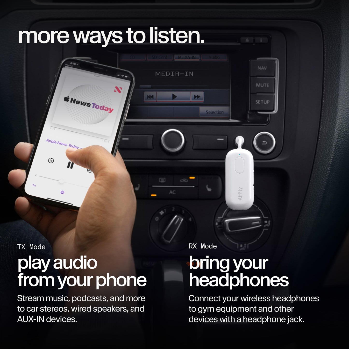 Twelve South AirFly Pro 2, Bluetooth Adapter, Pair 2 AirPods, Black Ice