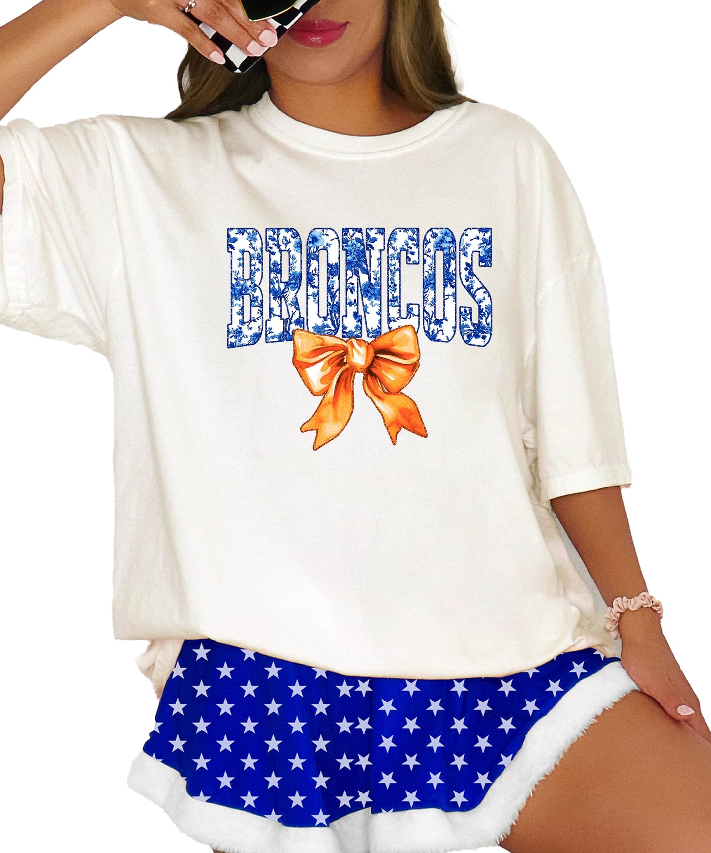 Broncos Orange Floral Bow Shirt for Women & Teens Trendy Team Spirit Sports Fan Graphic Tee