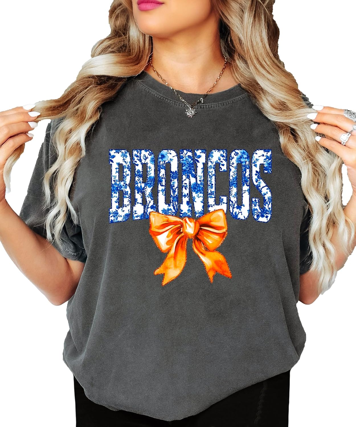 Broncos Orange Floral Bow Shirt for Women & Teens Trendy Team Spirit Sports Fan Graphic Tee